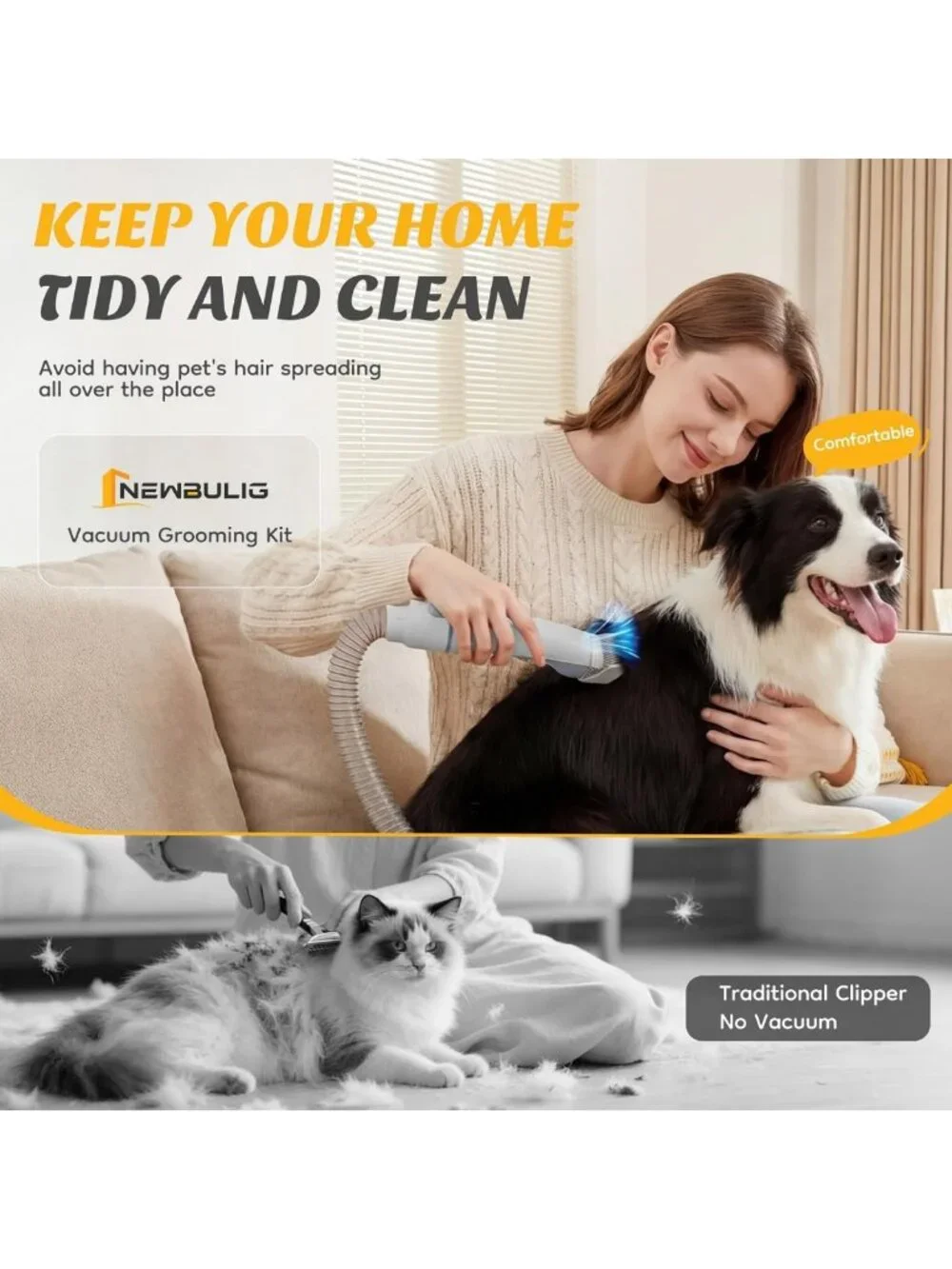 Pet Grooming Vacuum Kit for Cats & Dogs, 2.5L Dust Cup, Hair Removal Tool